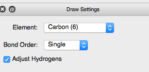 Detail view of Avogadro 'draw settings': 
In 'element' field, 'Carbon (6)' is selected.  In 'bond order' field, 'single' is selected. The 'Adjust Hydrogens' checkbox is ticked. 